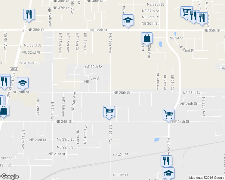 map of restaurants, bars, coffee shops, grocery stores, and more near 1903 Northeast 28th Street in Ocala