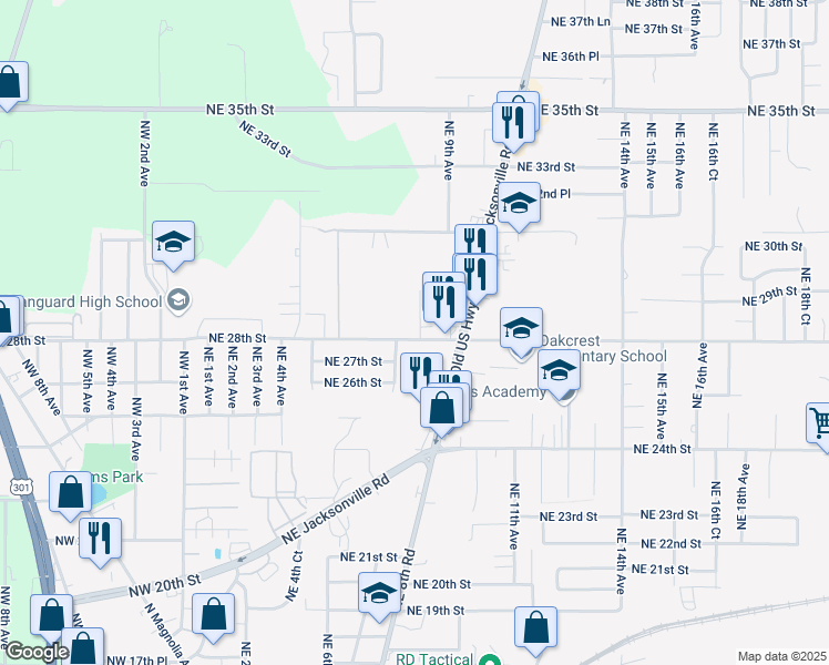 map of restaurants, bars, coffee shops, grocery stores, and more near 833 Northeast 28th Street in Ocala