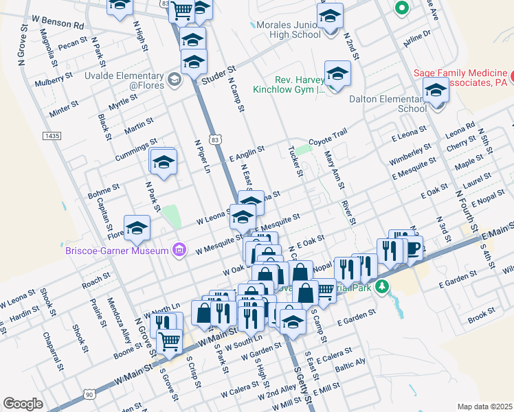 map of restaurants, bars, coffee shops, grocery stores, and more near 119 East Leona Street in Uvalde