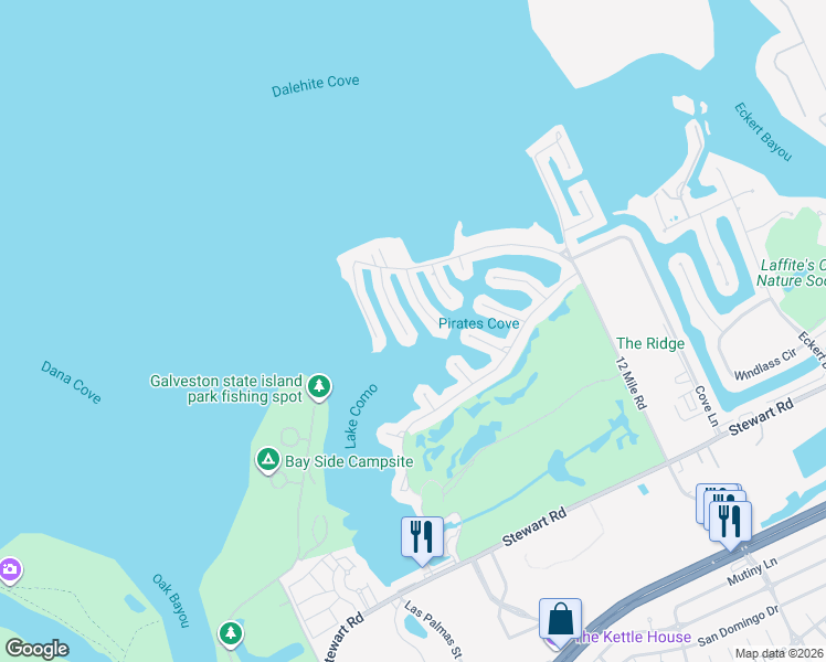 map of restaurants, bars, coffee shops, grocery stores, and more near 3428 Petite Circle in Galveston