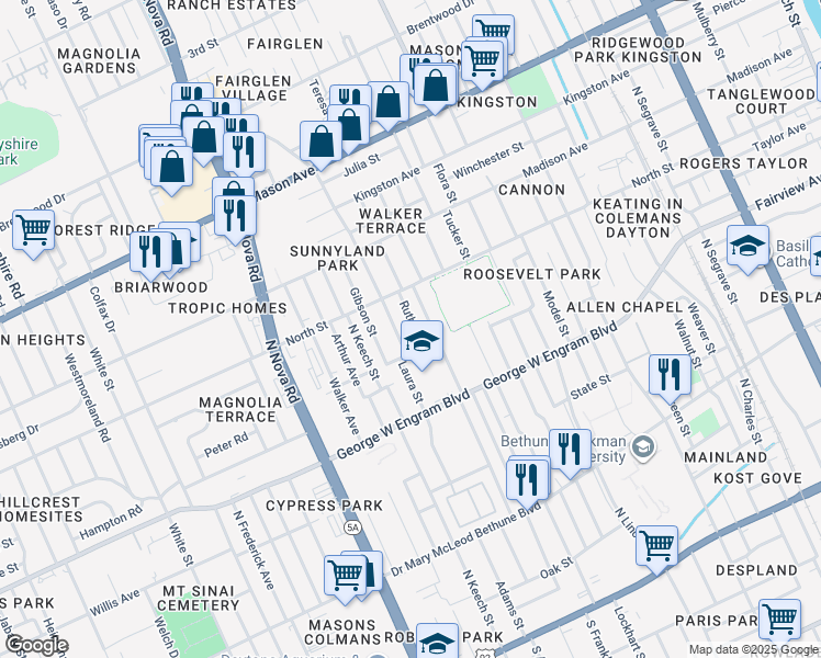 map of restaurants, bars, coffee shops, grocery stores, and more near 530 Ruth Street in Daytona Beach