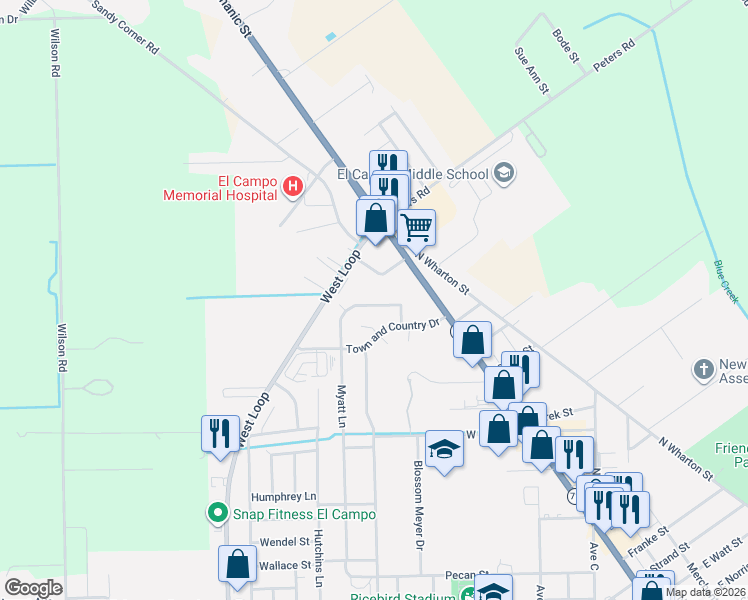 map of restaurants, bars, coffee shops, grocery stores, and more near 3309 Myatt Circle in El Campo