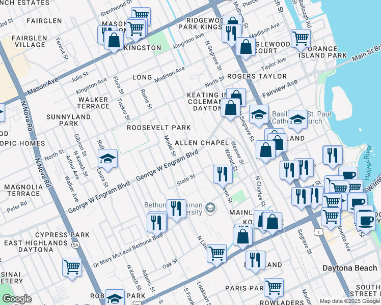 map of restaurants, bars, coffee shops, grocery stores, and more near in Daytona Beach