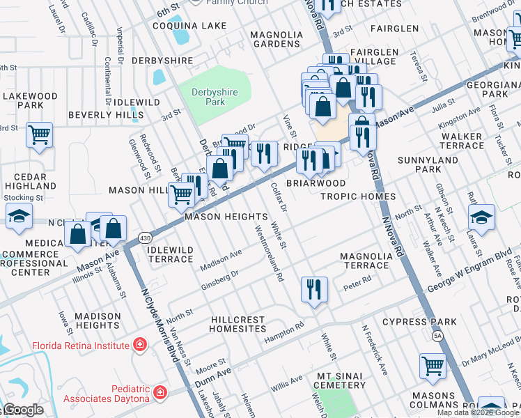 map of restaurants, bars, coffee shops, grocery stores, and more near 735 Westmoreland Road in Daytona Beach
