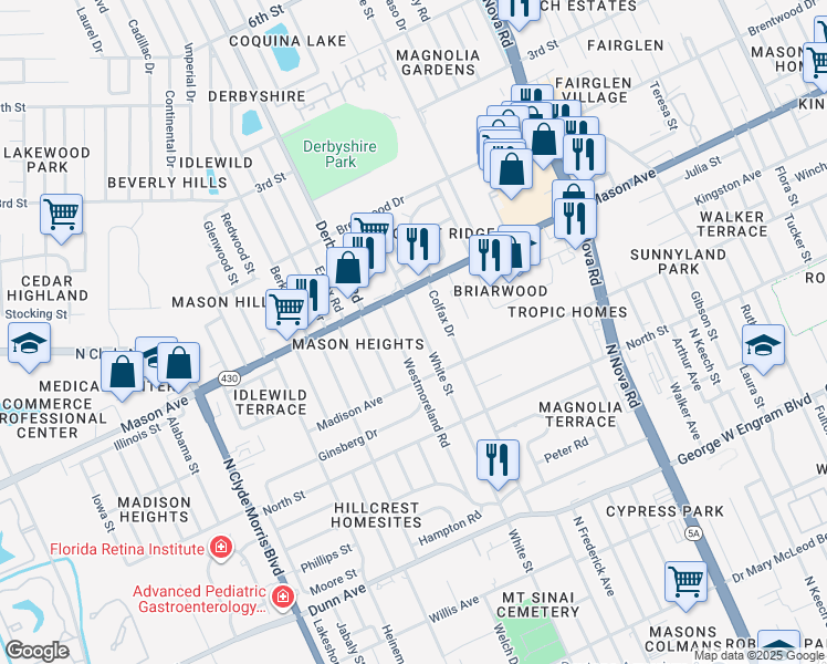 map of restaurants, bars, coffee shops, grocery stores, and more near 735 Westmoreland Road in Daytona Beach