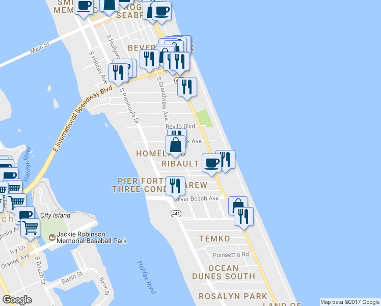 map of restaurants, bars, coffee shops, grocery stores, and more near 825 S Grandview Ave in Daytona Beach