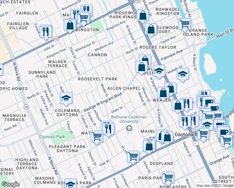 map of restaurants, bars, coffee shops, grocery stores, and more near in Daytona Beach