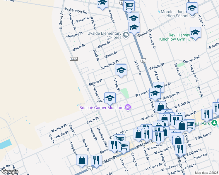 map of restaurants, bars, coffee shops, grocery stores, and more near 452 North Crisp Street in Uvalde