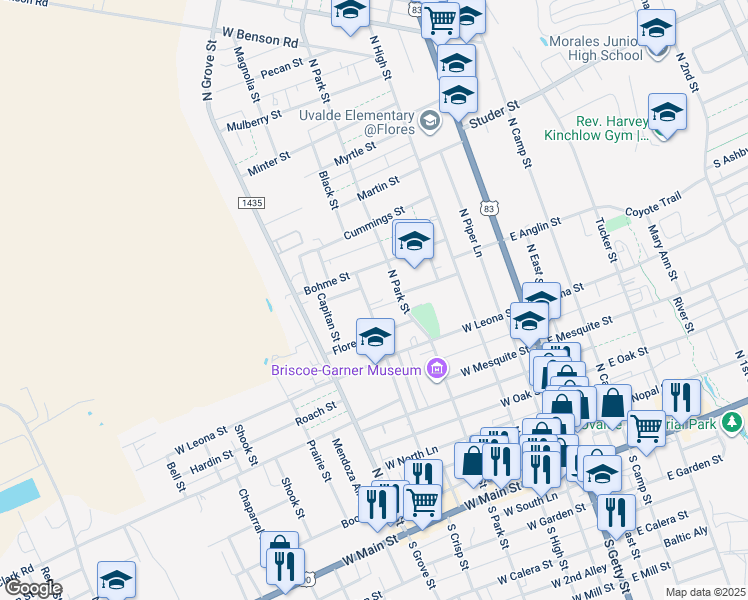 map of restaurants, bars, coffee shops, grocery stores, and more near 452 North Crisp Street in Uvalde