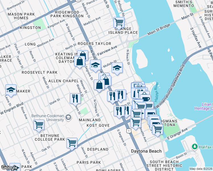 map of restaurants, bars, coffee shops, grocery stores, and more near 300 North Ridgewood Avenue in Daytona Beach