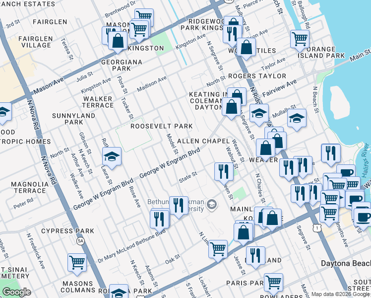 map of restaurants, bars, coffee shops, grocery stores, and more near in Daytona Beach