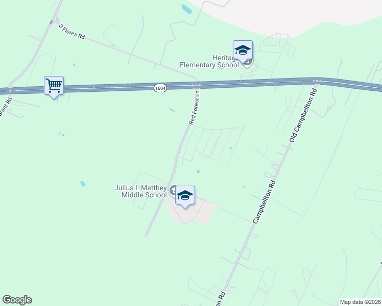 map of restaurants, bars, coffee shops, grocery stores, and more near Red Forest Lane in San Antonio