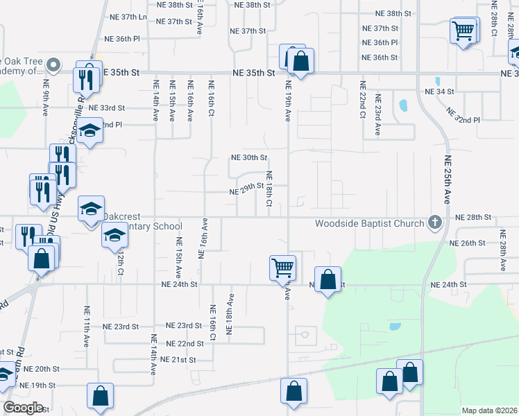 map of restaurants, bars, coffee shops, grocery stores, and more near 2806 Northeast 18th Court in Ocala