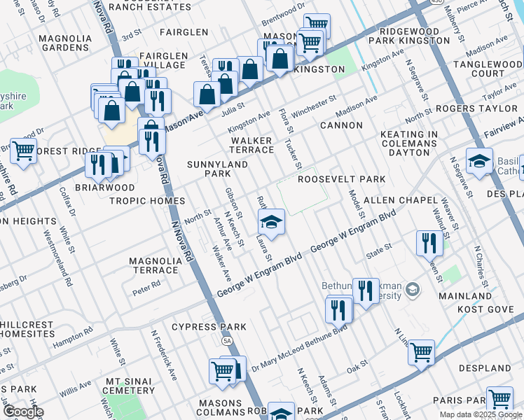 map of restaurants, bars, coffee shops, grocery stores, and more near 530 Ruth Street in Daytona Beach