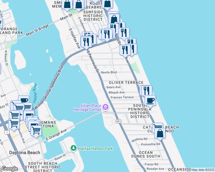 map of restaurants, bars, coffee shops, grocery stores, and more near 835 South Peninsula Drive in Daytona Beach