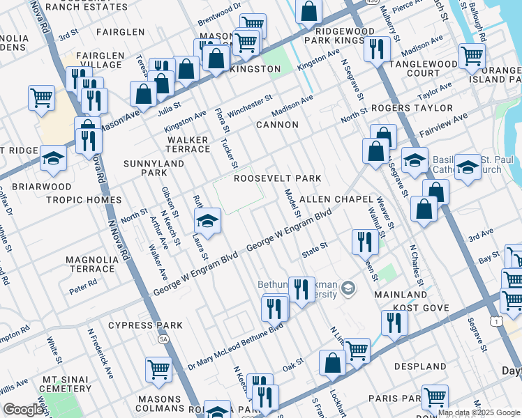 map of restaurants, bars, coffee shops, grocery stores, and more near 450 Jefferson Street in Daytona Beach
