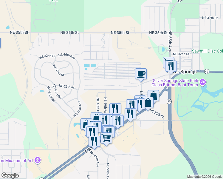 map of restaurants, bars, coffee shops, grocery stores, and more near 2828 Northeast 49th Avenue in Ocala