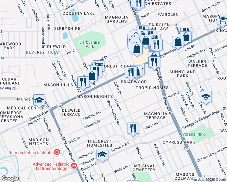 map of restaurants, bars, coffee shops, grocery stores, and more near 735 White Street in Daytona Beach