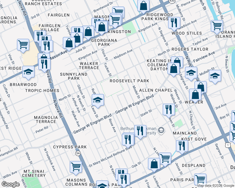 map of restaurants, bars, coffee shops, grocery stores, and more near 450 Jefferson Street in Daytona Beach