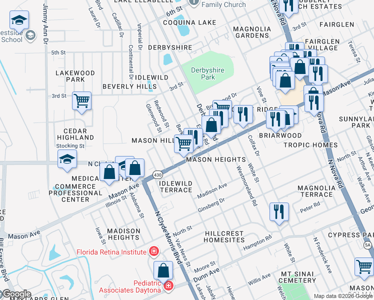 map of restaurants, bars, coffee shops, grocery stores, and more near 812 Berkshire Road in Daytona Beach