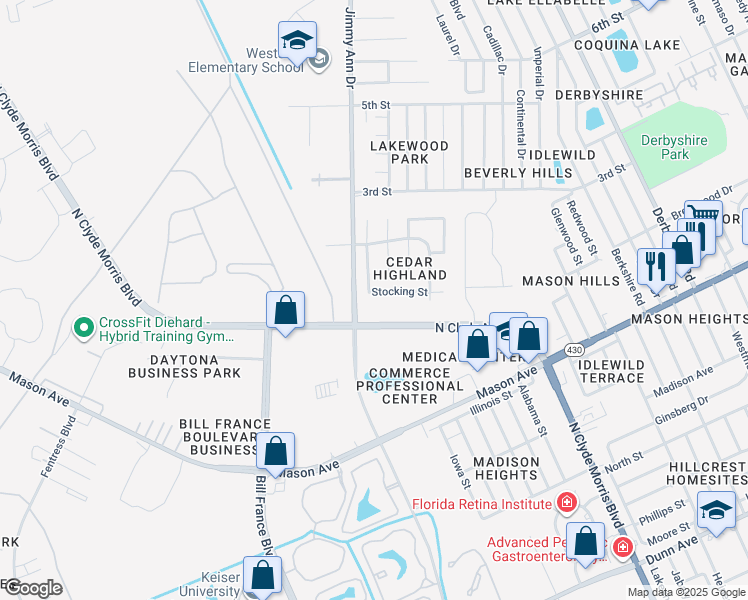 map of restaurants, bars, coffee shops, grocery stores, and more near 1653 Stocking Street in Daytona Beach