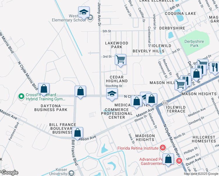 map of restaurants, bars, coffee shops, grocery stores, and more near 1653 Stocking St in Daytona Beach