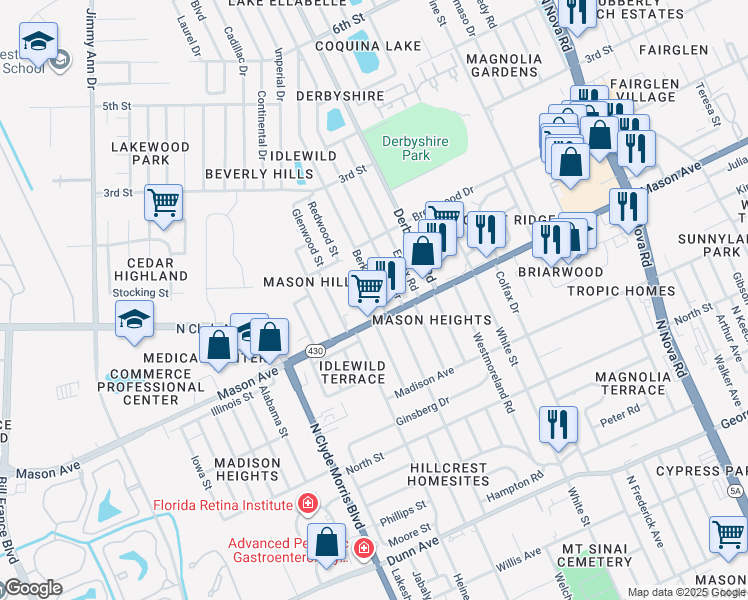 map of restaurants, bars, coffee shops, grocery stores, and more near 812 Berkshire Road in Daytona Beach