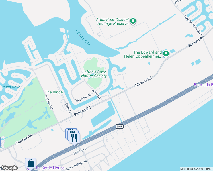map of restaurants, bars, coffee shops, grocery stores, and more near 13358 Stewart Road in Galveston