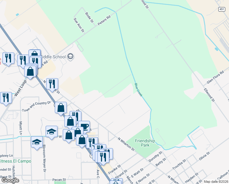map of restaurants, bars, coffee shops, grocery stores, and more near 408 Tallow Lane in El Campo
