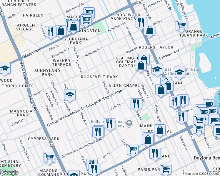 map of restaurants, bars, coffee shops, grocery stores, and more near 415 Model Street in Daytona Beach