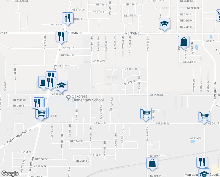 map of restaurants, bars, coffee shops, grocery stores, and more near 1527 Northeast 28th Street in Ocala