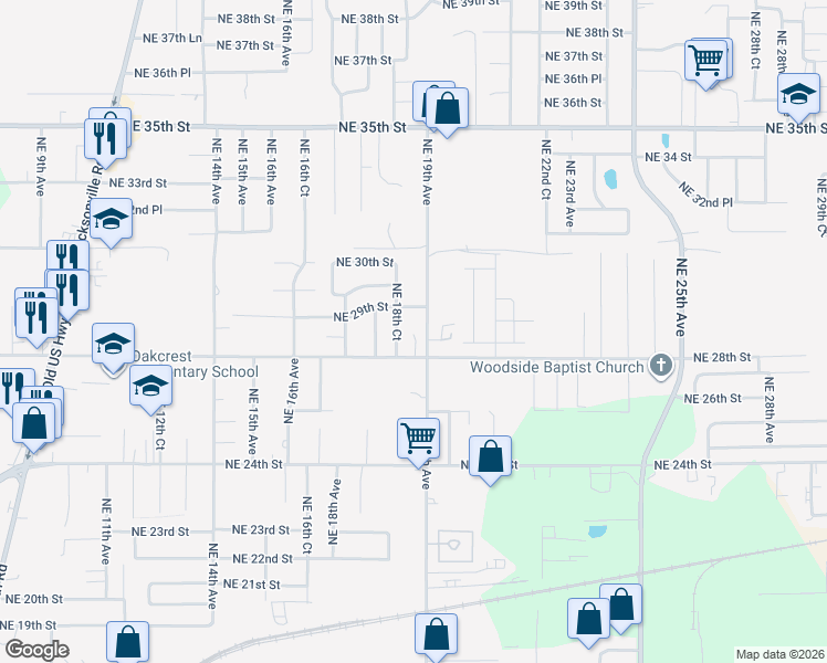 map of restaurants, bars, coffee shops, grocery stores, and more near 1903 Northeast 28th Street in Ocala