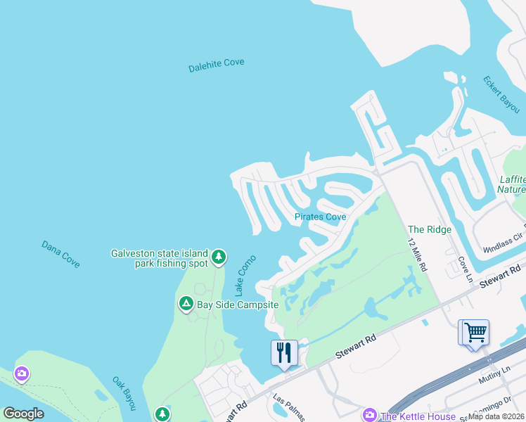 map of restaurants, bars, coffee shops, grocery stores, and more near 3428 Petite Circle in Galveston