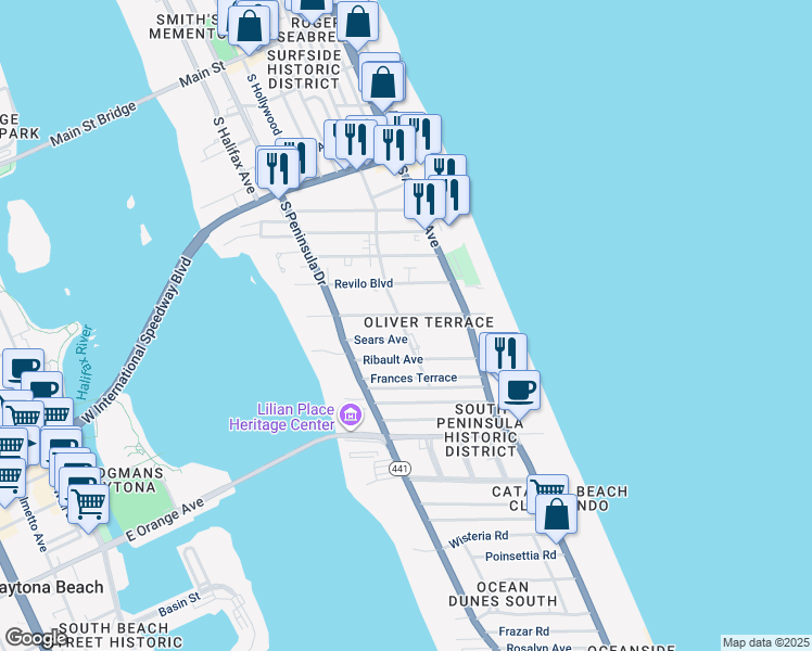 map of restaurants, bars, coffee shops, grocery stores, and more near 340 Sears Avenue in Daytona Beach
