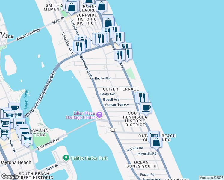 map of restaurants, bars, coffee shops, grocery stores, and more near 340 Sears Avenue in Daytona Beach