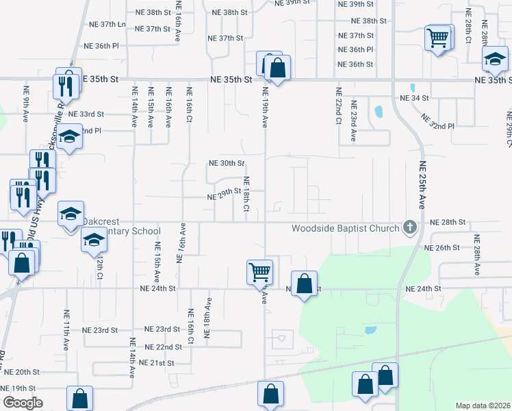 map of restaurants, bars, coffee shops, grocery stores, and more near 1903 Northeast 28th Street in Ocala
