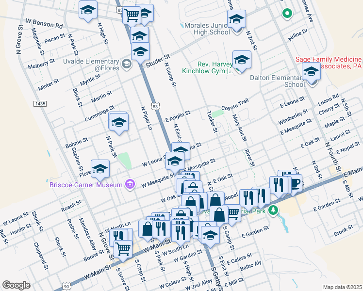 map of restaurants, bars, coffee shops, grocery stores, and more near 119 East Leona Street in Uvalde