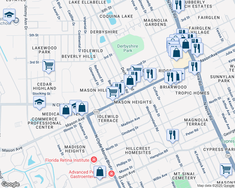 map of restaurants, bars, coffee shops, grocery stores, and more near 812 Berkshire Road in Daytona Beach