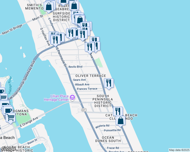 map of restaurants, bars, coffee shops, grocery stores, and more near 825 South Grandview Avenue in Daytona Beach