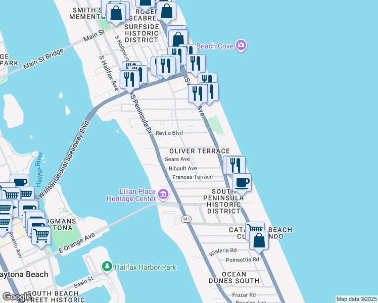 map of restaurants, bars, coffee shops, grocery stores, and more near 340 Sears Avenue in Daytona Beach