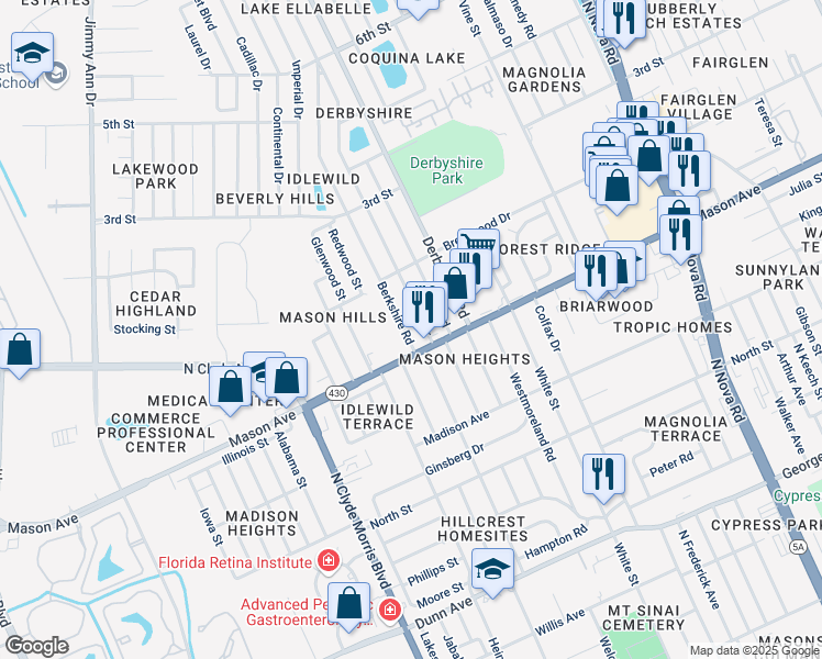 map of restaurants, bars, coffee shops, grocery stores, and more near 812 Berkshire Road in Daytona Beach