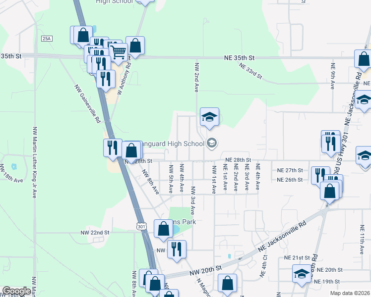 map of restaurants, bars, coffee shops, grocery stores, and more near 2804 Northwest 3rd Terrace in Ocala