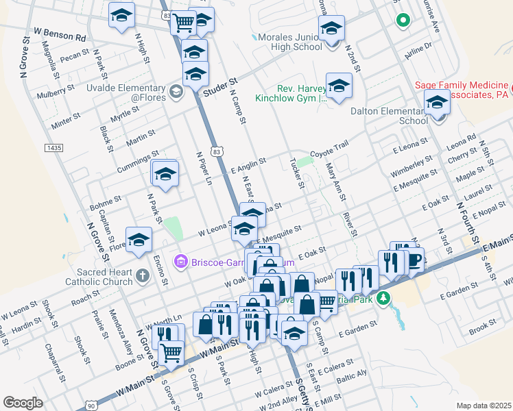 map of restaurants, bars, coffee shops, grocery stores, and more near 119 East Leona Street in Uvalde