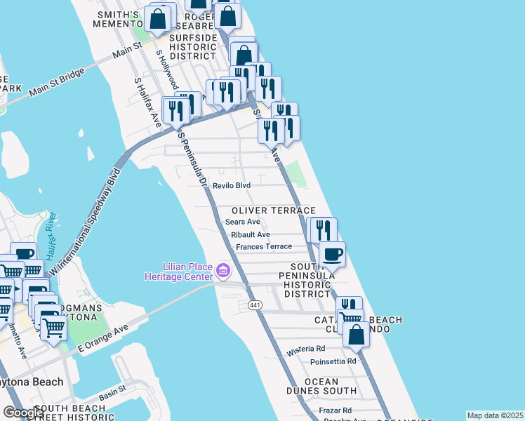 map of restaurants, bars, coffee shops, grocery stores, and more near 508 Lenox Avenue in Daytona Beach