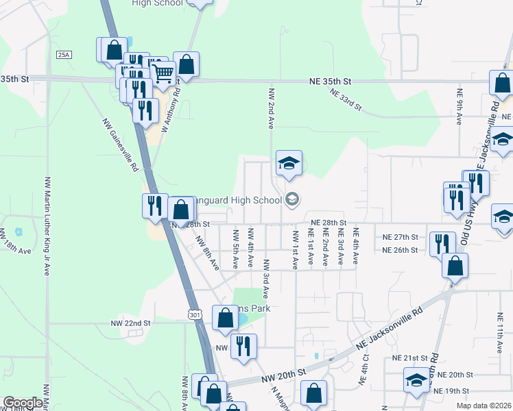 map of restaurants, bars, coffee shops, grocery stores, and more near 2857 Northwest 4th Avenue in Ocala