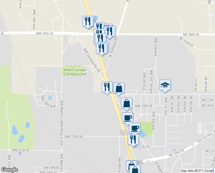 map of restaurants, bars, coffee shops, grocery stores, and more near 1947 Northwest Gainesville Road in Ocala