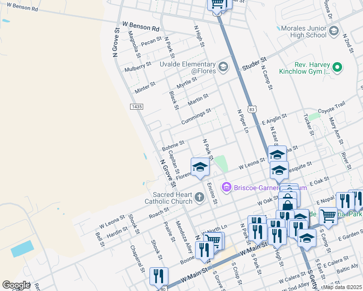map of restaurants, bars, coffee shops, grocery stores, and more near 410 Bohme Street in Uvalde