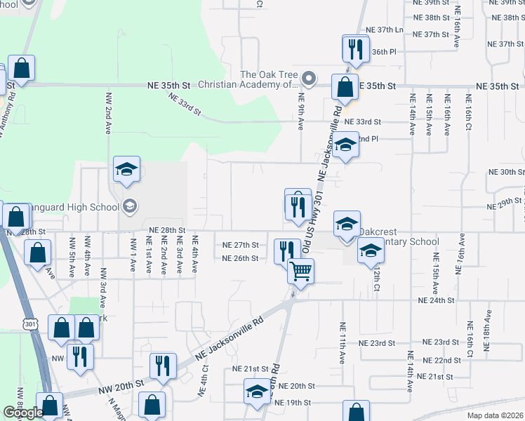 map of restaurants, bars, coffee shops, grocery stores, and more near 831 Northeast 28th Street in Ocala