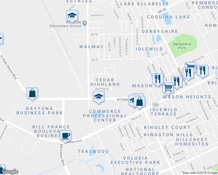 map of restaurants, bars, coffee shops, grocery stores, and more near 1010 Cedar Highlands Boulevard in Daytona Beach