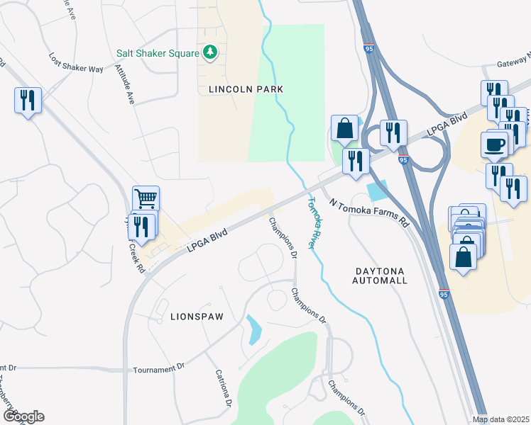 map of restaurants, bars, coffee shops, grocery stores, and more near 2675 LPGA Boulevard in Daytona Beach